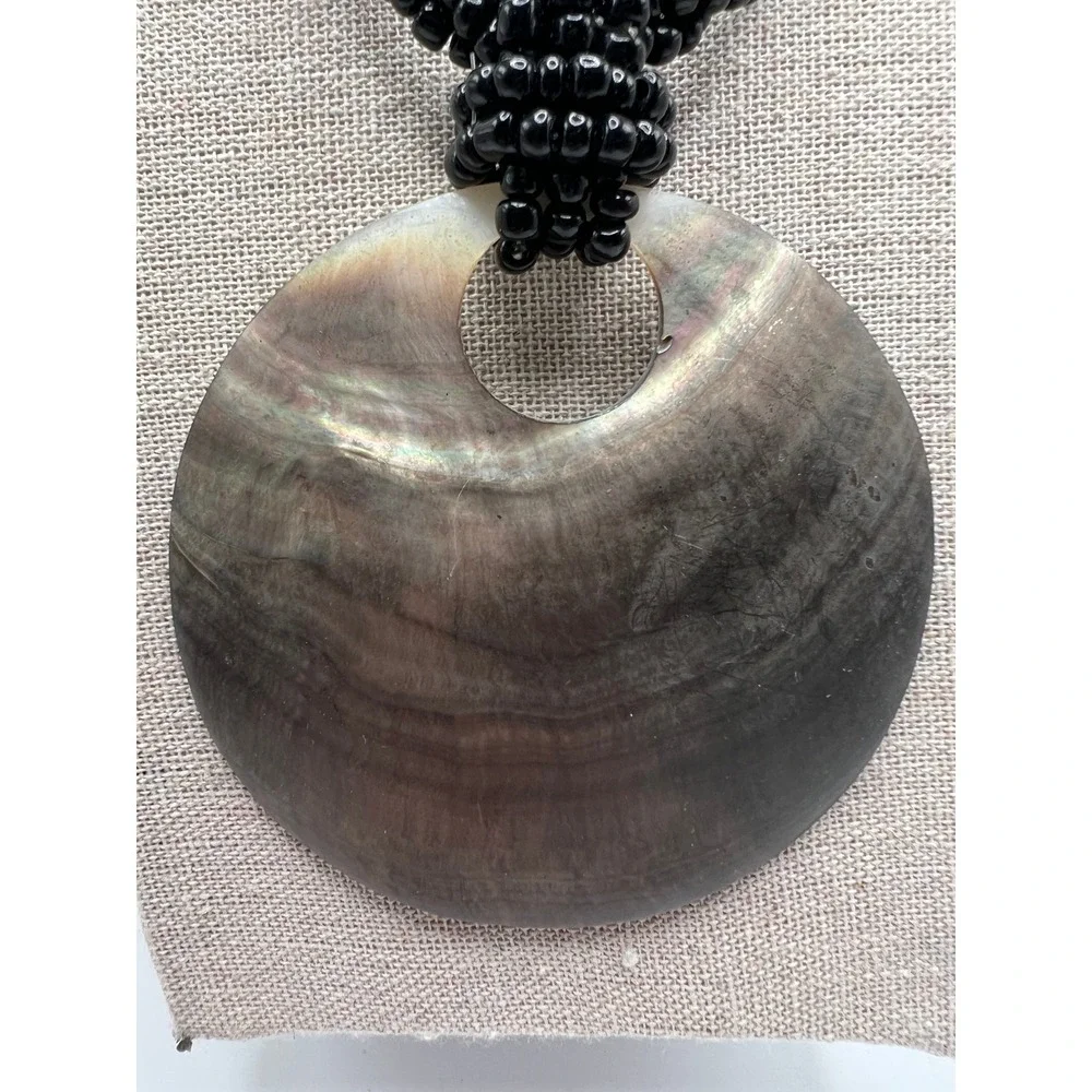 Black Seed Bead Necklace Shell Pendant Coastal Boho Statement Black Shell